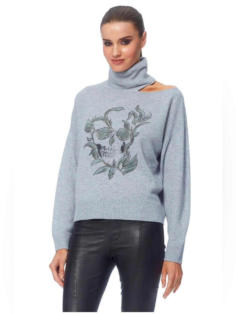 SKULL CASHMERE Gray Cut Out Shoulder Skull Floral Turtleneck Sweater Medium